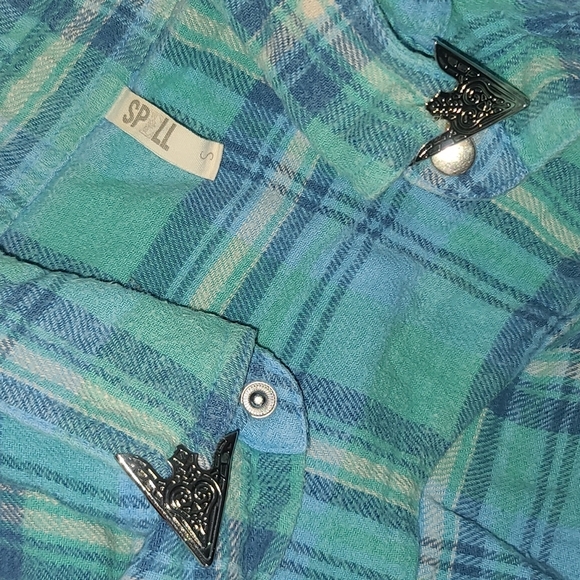 Spell designs lost highway flannel shirt turquoise buttondown S teal flannelette - Picture 8 of 16